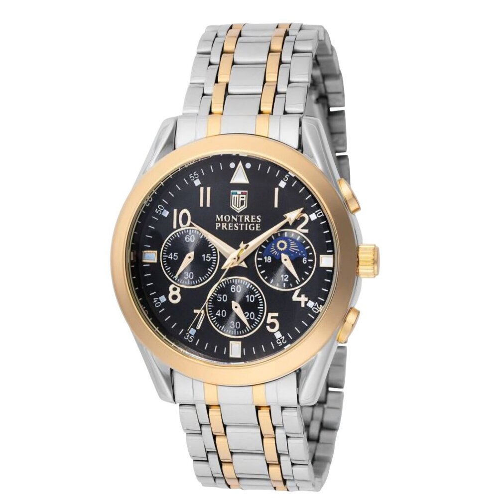 Montres Prestige Mens Chronograph Watch Gold & Silver Stainless Steel Black Dial